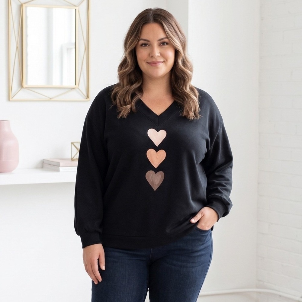 SHEIN Curve Black V Neck Sweatshirt Oversized 1XL Neutral Heart Graphic
